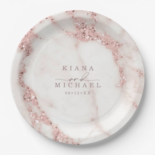 Assiettes En Carton Parties scintillant en marbre moderne Mariage Rose (Devant)