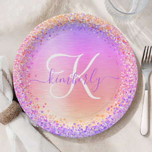 Assiettes En Carton Parties scintillant en métal brossé rose violet No