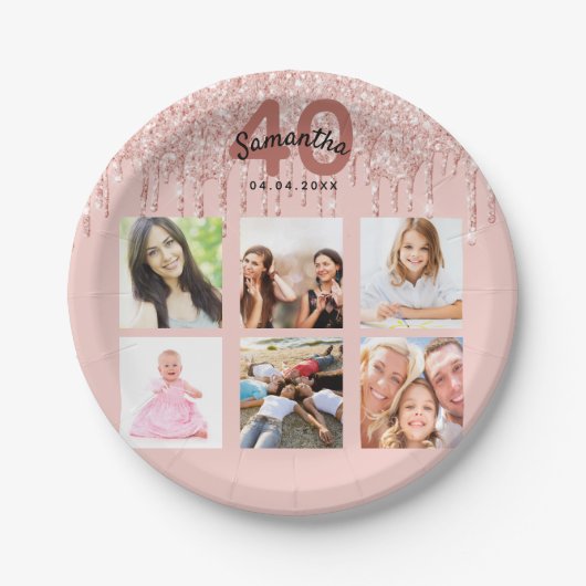 Assiettes En Carton parties scintillant en or rose de 40e anniversaire (Devant)