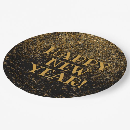 Assiettes En Carton Parties scintillant Festive Noir et Or Bonne Année (Angle)
