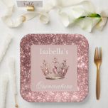 Assiettes En Carton Parties scintillant florale rose vif Tiara Crown Q<br><div class="desc">Arrière - plan rose roux encadré d'un cadre de parties scintillant rose blush. Graphique d'accent tiara en rose faux. Une plaque de papier parfaite pour tous vos invités de Quinceañera. Parfait pour votre journée spéciale.</div>