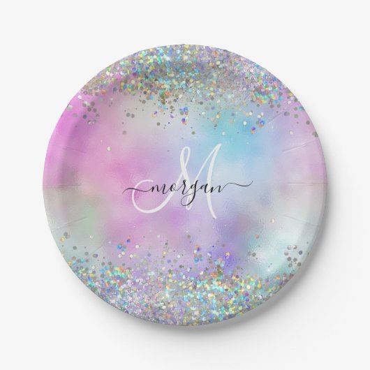 Assiettes En Carton Parties scintillant holographique Rainbow Pastels  (Devant)