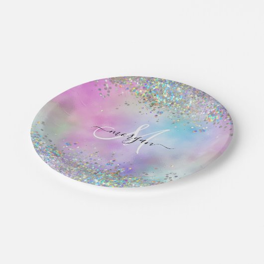 Assiettes En Carton Parties scintillant holographique Rainbow Pastels  (Angle)