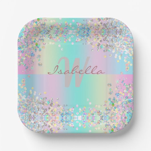 Assiettes En Carton Parties scintillant holographique Unicorn (Recto)