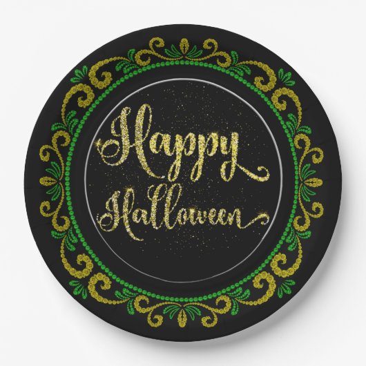 Assiettes En Carton Parties scintillant Jaune Vert Or Sur Halloween Bl (Devant)