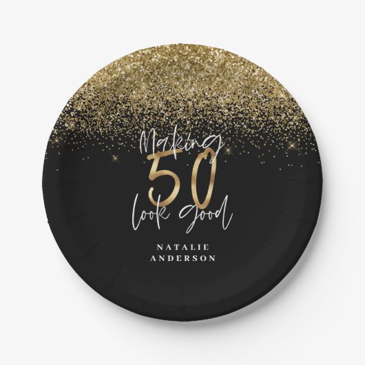 Assiettes En Carton Parties scintillant moderne noir et or 50e anniver (Devant)