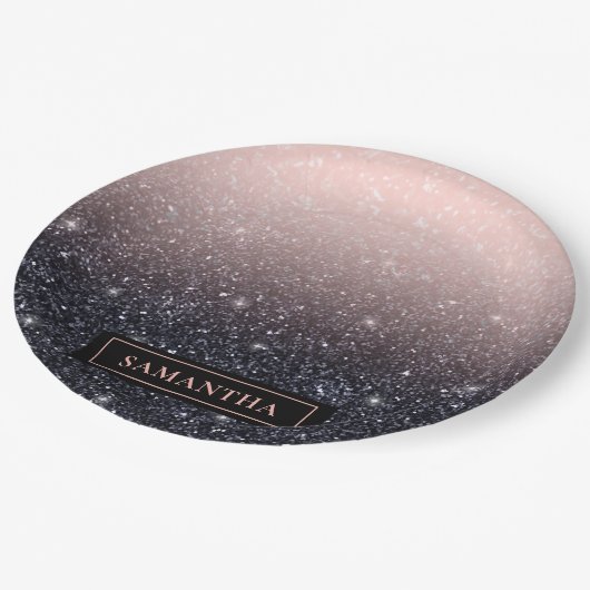 Assiettes En Carton Parties scintillant moderne noire et rose Étincell (Angle)