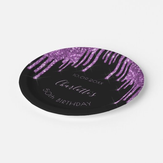 Assiettes En Carton Parties scintillant noir violet d'anniversaire mon (Angle)