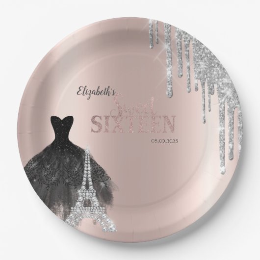 Assiettes En Carton Parties scintillant, Robe, Tour Eiffel Sweet 16 (Devant)