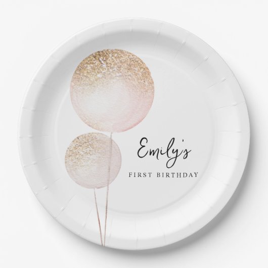 Assiettes En Carton Parties scintillant rose Ballons Fille Première fê (Devant)