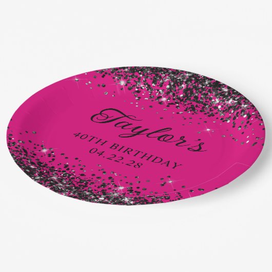 Assiettes En Carton Parties scintillant rose et noir chaud 40e anniver (Angle)