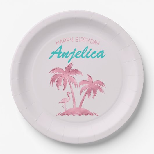 Assiettes En Carton Parties scintillant rose Flamant rose rétro et pal (Devant)