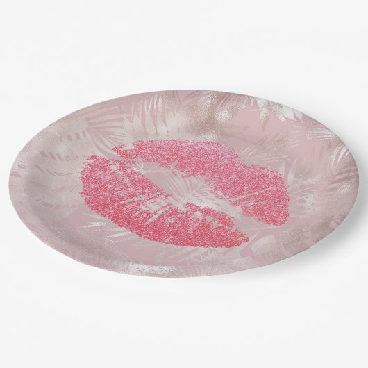 Assiettes En Carton Parties scintillant rose lèvres et Rose Gold Tropi (Angle)