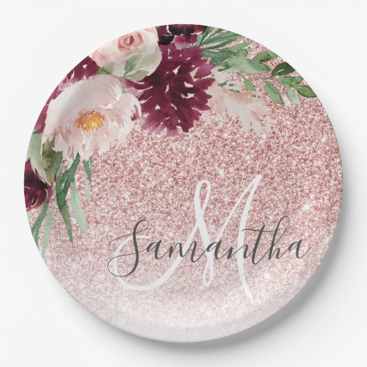 Assiettes En Carton Parties scintillant rose moderne et flamme à fleur (Devant)