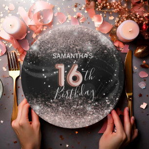Assiettes En Carton Parties scintillant rose moderne et noir 16e anniv