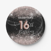 Assiettes En Carton Parties scintillant rose moderne et noir 16e anniv (Devant)