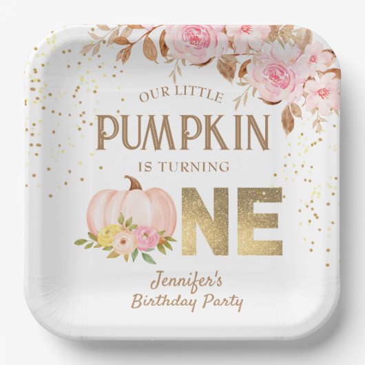 Assiettes En Carton Parties scintillant rose or Citrouille Floral Girl (Recto)