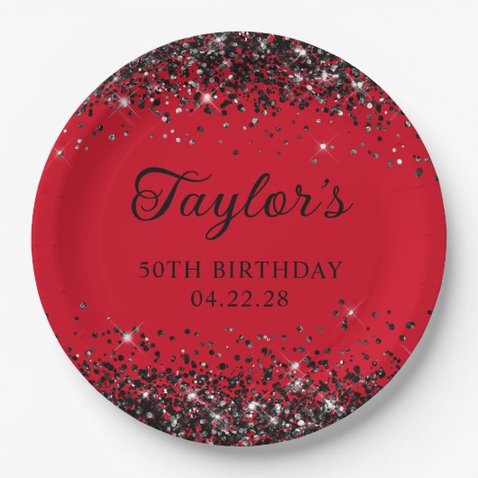 Assiettes En Carton Parties scintillant rouge et noire 50e anniversair (Devant)