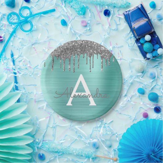 Assiettes En Carton Parties scintillant Turquoise argentée en métal br (Fête)