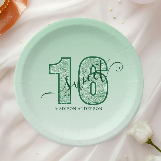 Assiettes En Carton Parties scintillant verte Script Sweet 16 Annivers