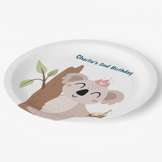 Assiettes En Carton Pary animal, Koala avec gâteau d'anniversaire (Angle)