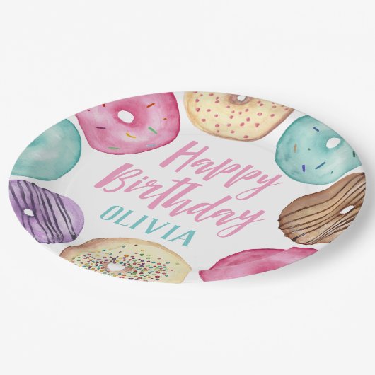 Assiettes En Carton Pastel Aquarelle Donut Personnalisé Anniversaire (Angle)