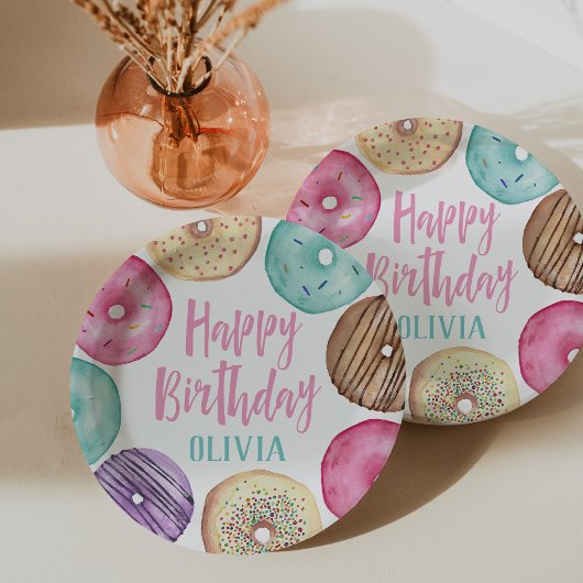 Assiettes En Carton Pastel Aquarelle Donut Personnalisé Anniversaire
