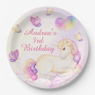 Assiettes En Carton Pastel Aquarelle Unicorne Et Ballons