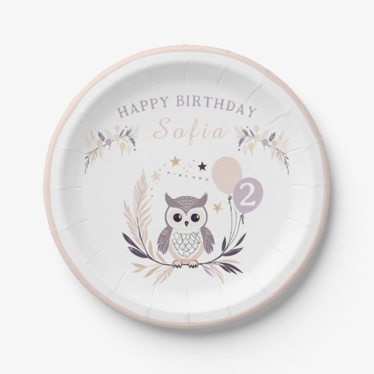 Assiettes En Carton Pastel Boho Baby Owl and Balloons Anniversaire (Devant)