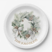 Assiettes En Carton Pastel Christmas Wreath & Custom Name Paper Plates (Devant)