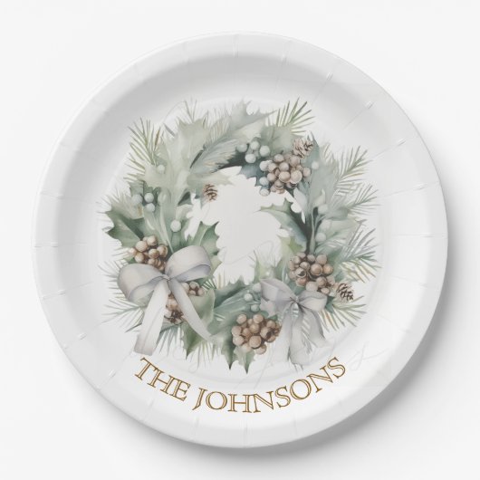 Assiettes En Carton Pastel Christmas Wreath & Custom Name Paper Plates (Devant)