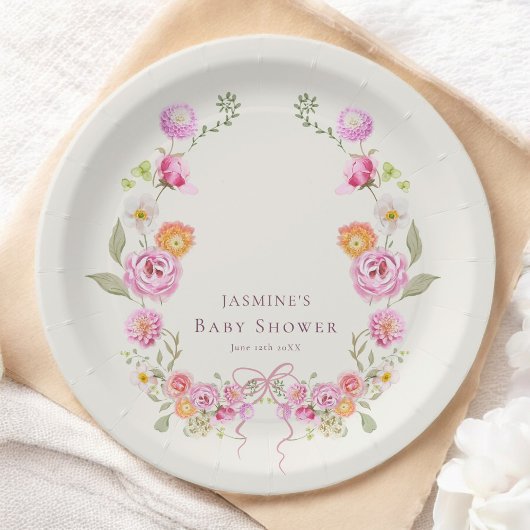Assiettes En Carton pastel coquette Floral Wreath Baby Shower