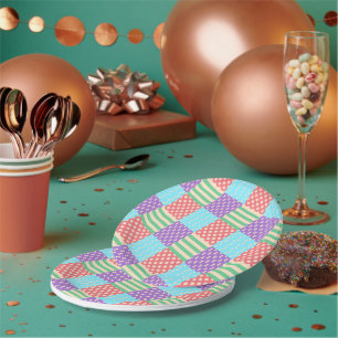 Assiettes En Carton Pastel Damier Rayure Arc-en-ciel Géométrique