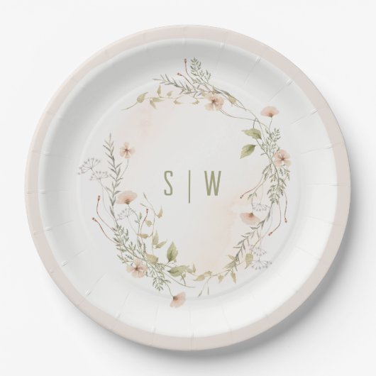 Assiettes En Carton Pastel Fleur sauvage Floral Monogramme Mariage de (Devant)
