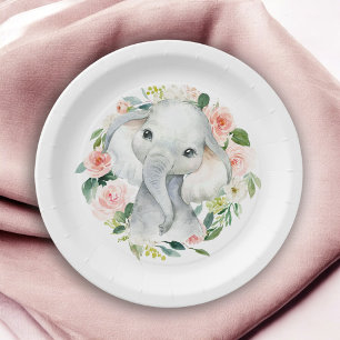 Assiettes En Carton Pastel Pink Baby Elephant Floral
