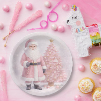 Assiettes En Carton Pastel Pink Christmas Santa 