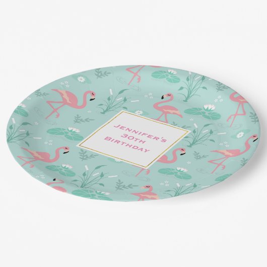 Assiettes En Carton Pastel Pink Flamants roses Vert Motif Anniversaire (Angle)