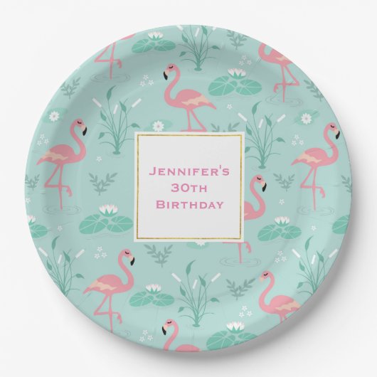 Assiettes En Carton Pastel Pink Flamants roses Vert Motif Anniversaire (Devant)
