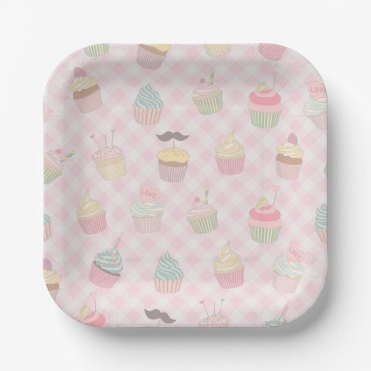 Assiettes En Carton Pastel Pink Gingham Cute Cupcakes Pattern (Recto)