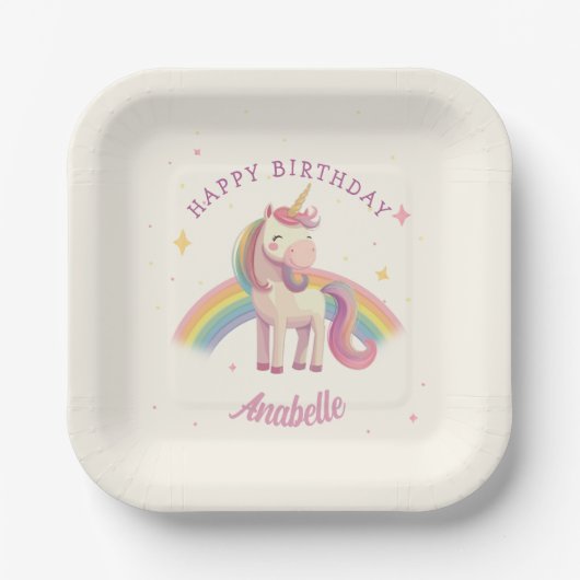 Assiettes En Carton Pastel Rainbow Unicorn fête d'anniversaire (Recto)