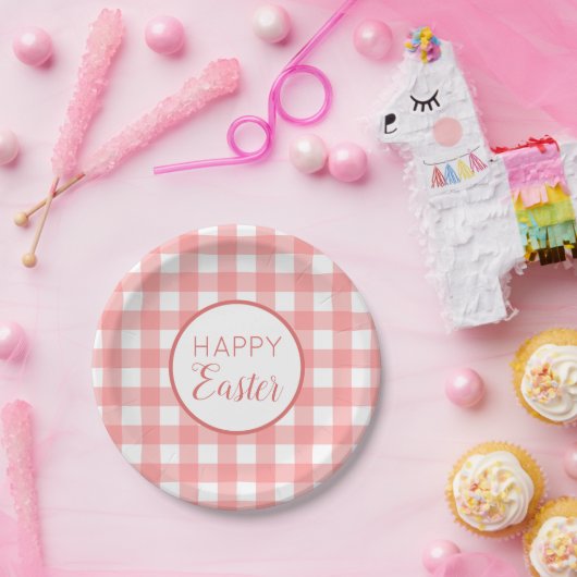 Assiettes En Carton Pastel Raspberry Red Happy Pâques Plaid Motif (Fête)