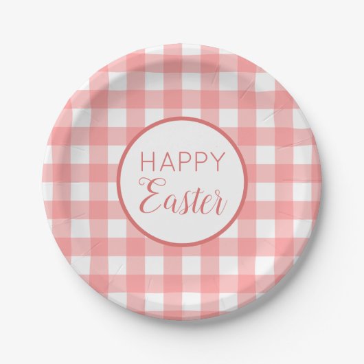Assiettes En Carton Pastel Raspberry Red Happy Pâques Plaid Motif (Devant)