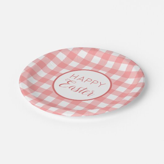 Assiettes En Carton Pastel Raspberry Red Happy Pâques Plaid Motif (Angle)