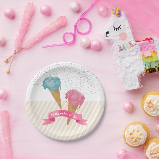 Assiettes En Carton Pastel Retro Aquarelle Crème glacée et arrosages (Fête)