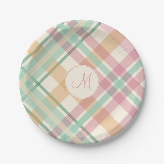 Assiettes En Carton pastels à la menthe de printemps plaid avec monogr (Devant)