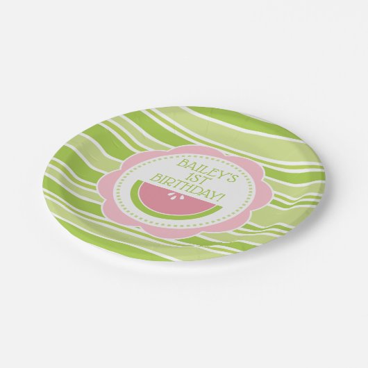 Assiettes En Carton Pastèque Preppy 1er Anniversaire rose et vert (Angle)