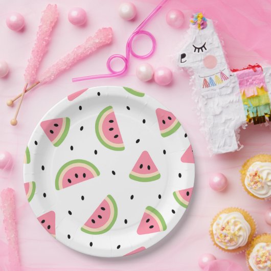 Assiettes En Carton Pastèque rose, Graines de pastèque, Motif d'été (Fête)
