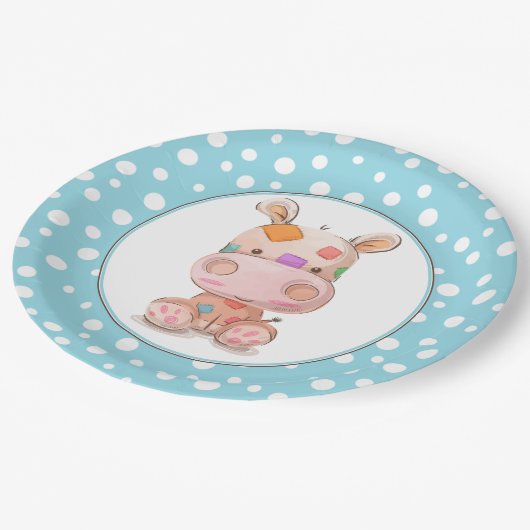Assiettes En Carton Patchwork Hippo Enfant's Blue Anniversaire (Angle)