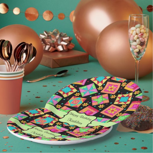 Assiettes En Carton Patchwork noir Quilt Nom du bloc Joyeux anniversai (Multi)