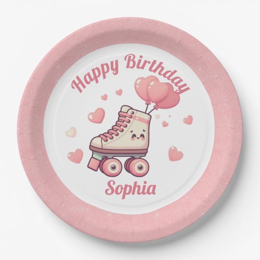 Assiettes En Carton Patinage à rouleaux Parties scintillant rose Fête (Devant)